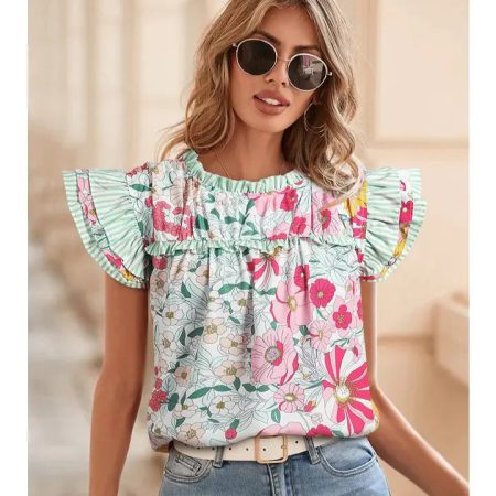 Women's Floral Print Contrast Ruffle Trim Short Sleeve Blouse in Pink