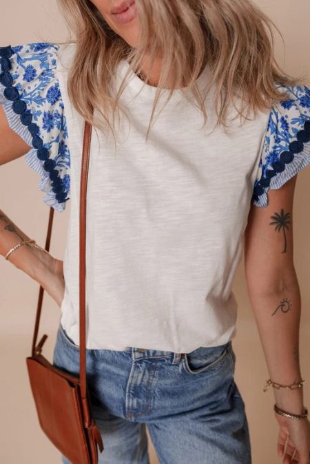 Women's Ricrac Trim Contrast Patchwork Flutter Sleeve Shirt (Available in 2 Colors)