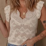 Women's Patchwork Hollow Out Knitted Ruffle Sweater in Beige
